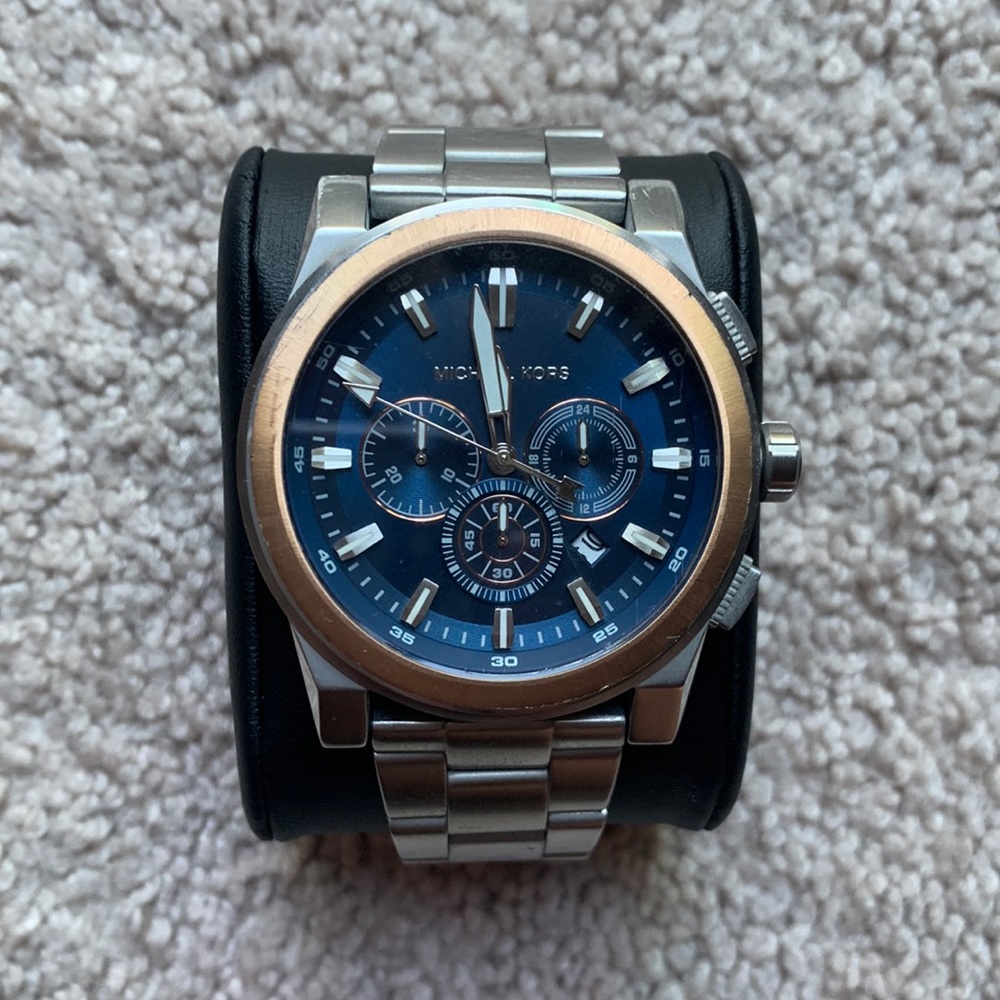 Michael Kors Grayson 47mm Two Tone Steel Blue Dial Quartz Mens Watch MK-8595